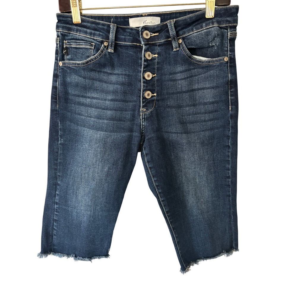 KanCan Denim Jeans Shorts Women 27 Blue Button Fly Bermuda Raw Hem Distressed